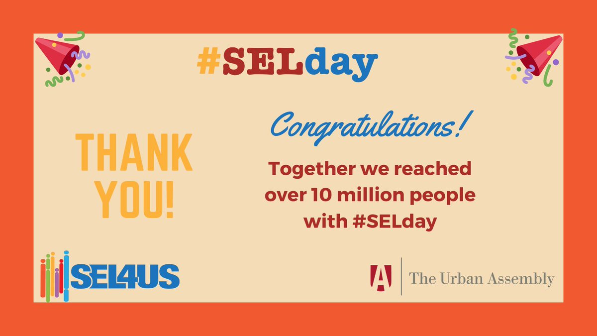 SEL4US (@sel4usa) on Twitter photo We would like to thank everyone who participated in #SELDay 2023! With your help, we were able to reach over 10 million people. Thanks again to our attendees, sponsors, speakers, and staff. We couldn't do this without you! 🎉 <a href="/UrbanAssembly/">Urban Assembly</a> We would like to thank everyone who participated in #SELDay 2023! With your help, we were able to reach over 10 million people. Thanks again to our attendees, sponsors, speakers, and staff. We couldn't do this without you! 🎉 <a href="/UrbanAssembly/">Urban Assembly</a>