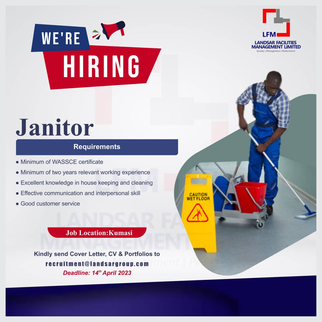 LandsarGroup's tweet photo. Vacancy Alert! 📣 Landsar Facility Management Limited is recruiting

Position: Janitor 
Location: Kumasi
Application Deadline: 14th April 2023
Email: recruitment@landsargroup.com 
@link4jobs @VacanciesGh @JobbermanGhana @JoblyGhana @jobvacanciesgh_ @truman_services https://t.co/V0jF1dXD07