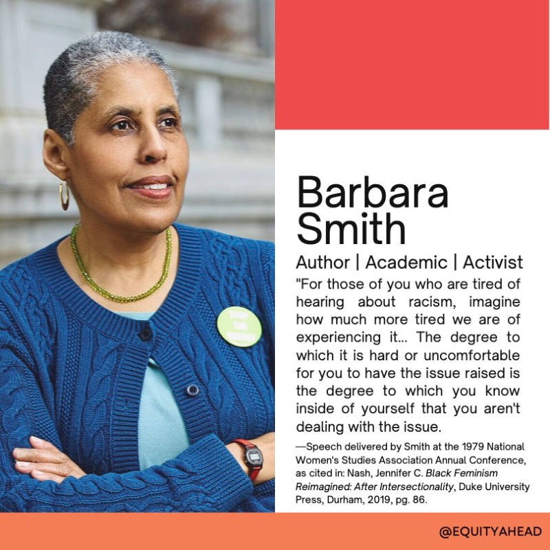 equityahead's tweet photo. Barbara Smith
Author | Academic | Activist

"For those of you who are tired of hearing about racism, imagine how much more tired we are of experiencing it..."

—Speech delivered by Smith https://t.co/TnWmU1BGgd