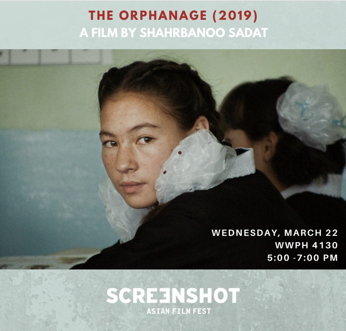 screenshotasia's tweet image. Be sure to view the screening of Shahrbanoo Sadat’s film, The Orphanage, next Wednesday, March 22nd, from 5-7pm in room 4130 of Posvar Hall. Following the film, ask questions to the director with an in-person Q&amp;amp;A. If you have any questions, email screenshot@pitt.edu