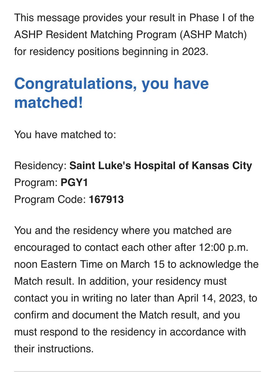 Feels unreal to be finally be here! I am thrilled to announce that I will be a PGY1 at my dream program. Thank you to everyone at Saint Luke’s Hospital of Kansas City who entrusted me with this honor. Hard work always pays off! #RxTwitter #matchday2023