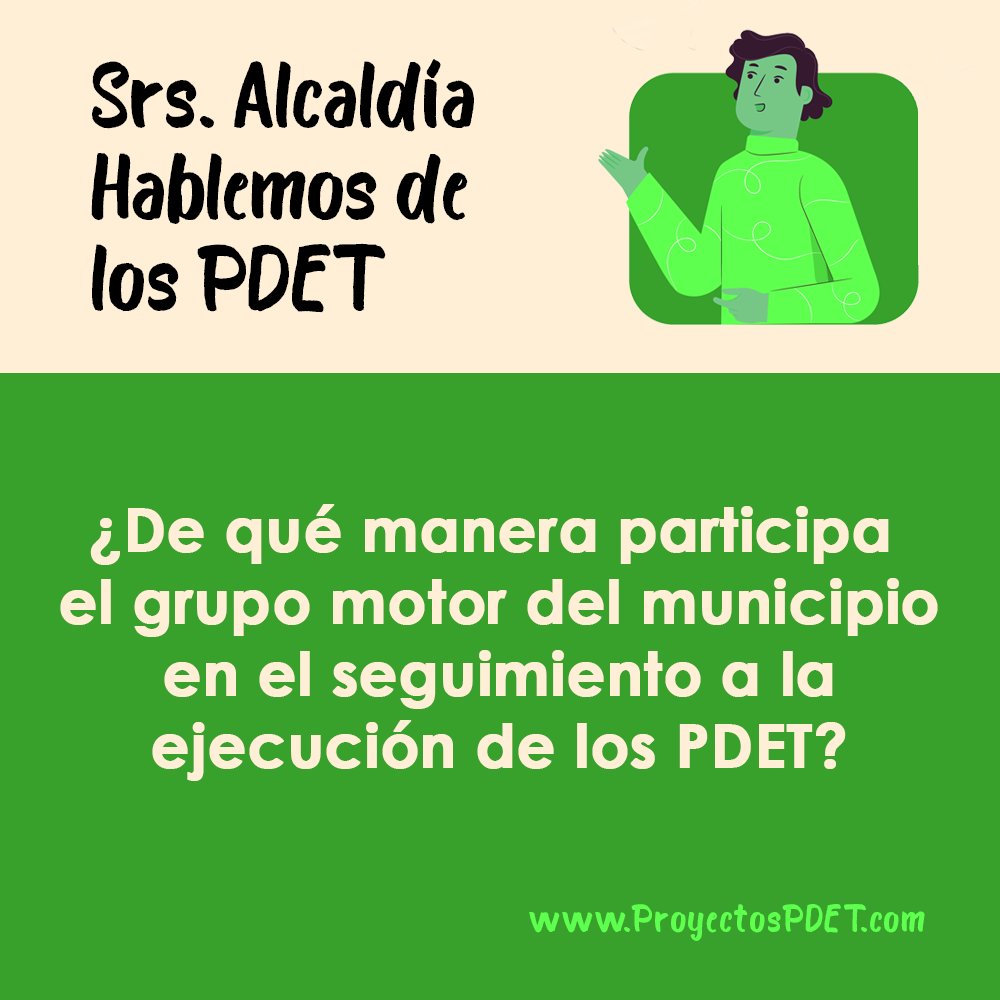 ProyectosPdet's tweet photo. Responde utilizando el hashtag #HablemosDeLosPdet y sigamos conociendo más sobre estos proyectos. 

Amigos y funcionarios de las alcaldías municipales;

¿De qué manera participa el grupo motor del municipio en el seguimiento a la ejecución de de los PDET?

¡Los leemos! https://t.co/rUY2yXkX7f