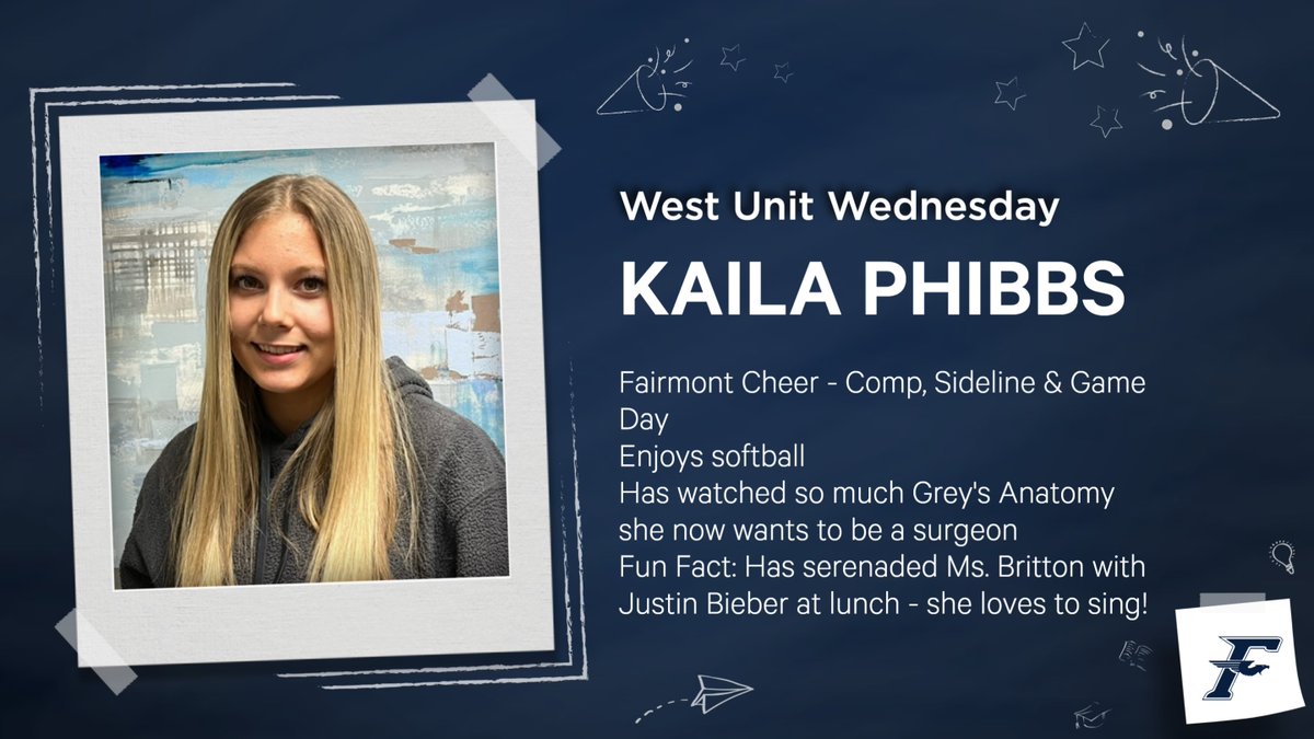 KFHS_West's tweet photo. Fairmont fans we want to see you stomp and shake it for this star - KAILA! Love her enthusiasm every day at school. @firebirdcheer #wearefirebirds https://t.co/hDMZ7mJVXt
