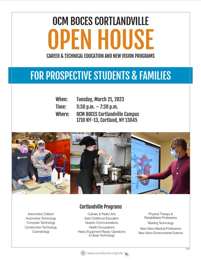 mcevoycte's tweet photo. Students and families interested in learning more about @ocmboces Cortlandville CTE and New Vision programs are invited to an open house on March 21st from 5:30-7:30 pm. @CECSD_HS @Homercentral @MarathonCSDNY @DeruyterSchools @McGraw_Eagles @CCSDistrict @tully_csd @FabiusPompey https://t.co/J4mYWzrohl