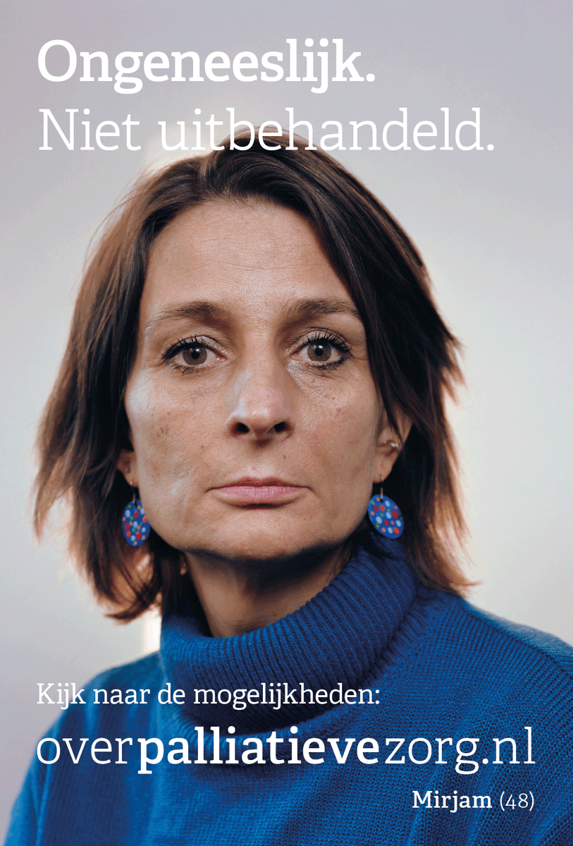 Overpalliatieve's tweet photo. Vanaf 14 maart hangen posters door het land. Op de posters staan patiënten in de palliatieve fase. Op deze poster zie je huisarts en longkanker-patiënt Mirjam. Haar doel is om palliatieve zorg bekender te maken. Zo werkte zij ook mee aan de documentaire 'Dying to live'. https://t.co/sKPXPZUT1H