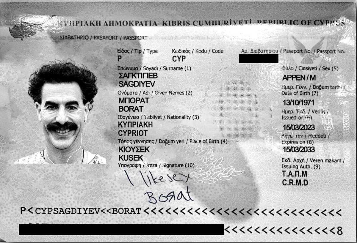 BoratCY's tweet photo. This is best day of my life!

I manage buy Cyprus passport! 
Immigration man asked for €1M, make deal for €85.

🇨🇾 Cyprus is the best country in the world! All the other countries are run by little girls 🇨🇾

Love you Cyprus❤️
I am very excite!

#Cyprus #Borat #Kazakhstan #EU https://t.co/Cgci8VtqQe