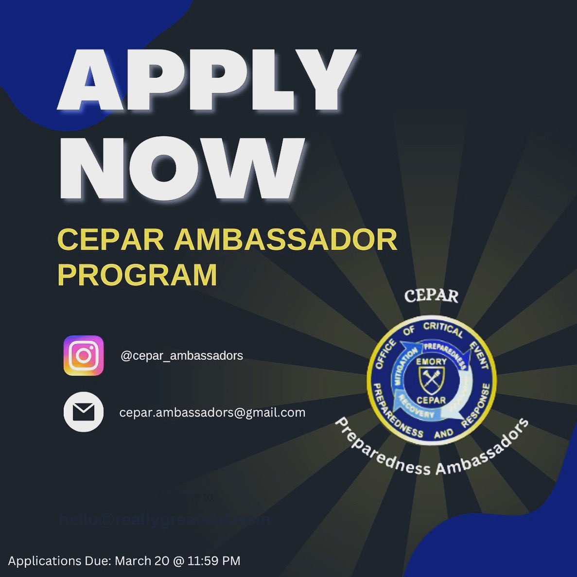 EMORY_CEPAR's tweet photo. Want to learn how to prepare for emergencies? Learn applicable skills in CPR, bleeding control, fire safety and more? Apply to be a Preparedness Ambassador by March 20th! Application can be found here: https://t.co/GqLQmR78pt #EmoryREADY @EmoryUniversity https://t.co/6hB2UsihFL