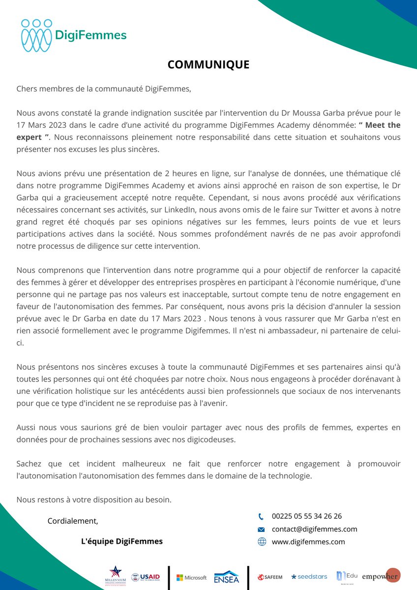 DigiFemmes's tweet photo. 🛑🛑🛑 Nous présentons nos sincères excuses à tous ceux qui ont été offensés par la participation annoncée du Dr Moussa Garba à une session du programme DigiFemmes Academy et annonçons l'annulation de cette session prévue pour le 17 Mars 2023.
#Communiqué #Respect https://t.co/cyymDgZkOx
