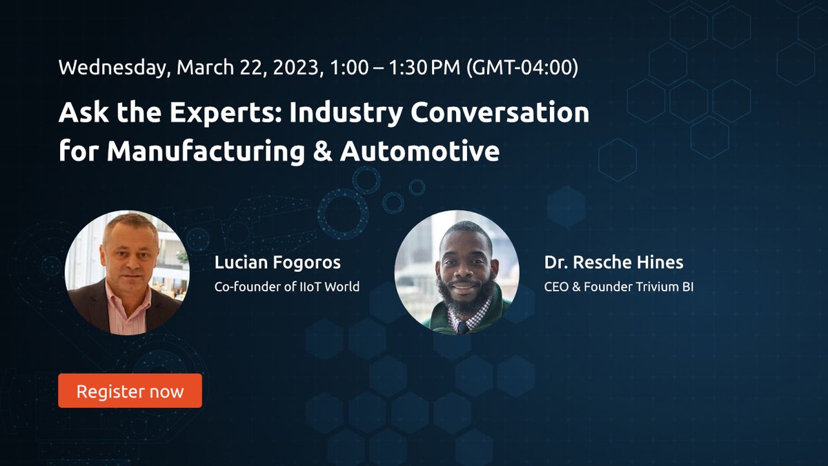 CRudinschi's tweet photo. Join the industry leaders @fogoros co-founder of @IIoT_World, and @reschehines, CEO &amp; Founder of @TriviumBI, in an exciting conversation about the power of data to drive business success. Don't miss out on Mar 22nd! Register now: https://t.co/h4h2AQXudK #sponsored #microsoft_iiot https://t.co/aKaEH4XIbp