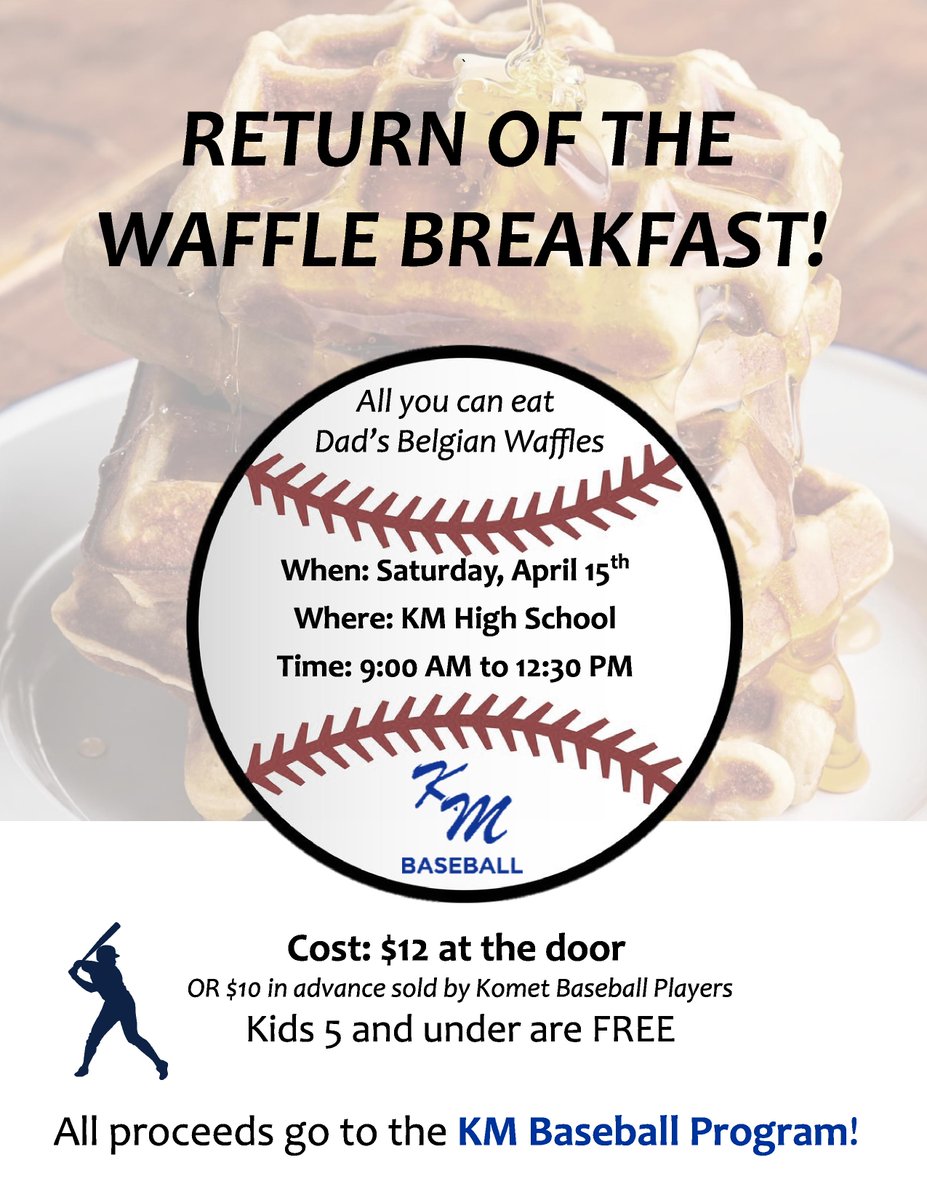 KoMetBaseball's tweet photo. Mark your calendars for our annual waffle breakfast fundraiser scheduled for Saturday, April 15th. Please retweet to helps spread the word! https://t.co/GnREZMgORM