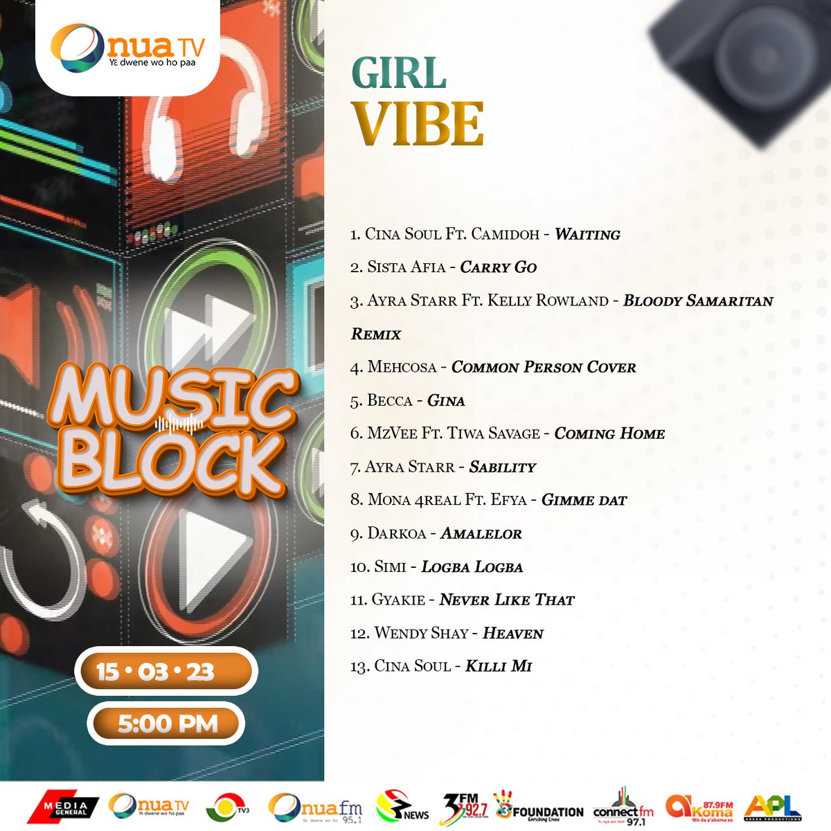OnuaTV's tweet photo. Tune in to Onua #MusicBlock at 5pm and enjoy some girl-vibe music.
Don't miss it. #OnuaTV https://t.co/bmvfcYkC2G