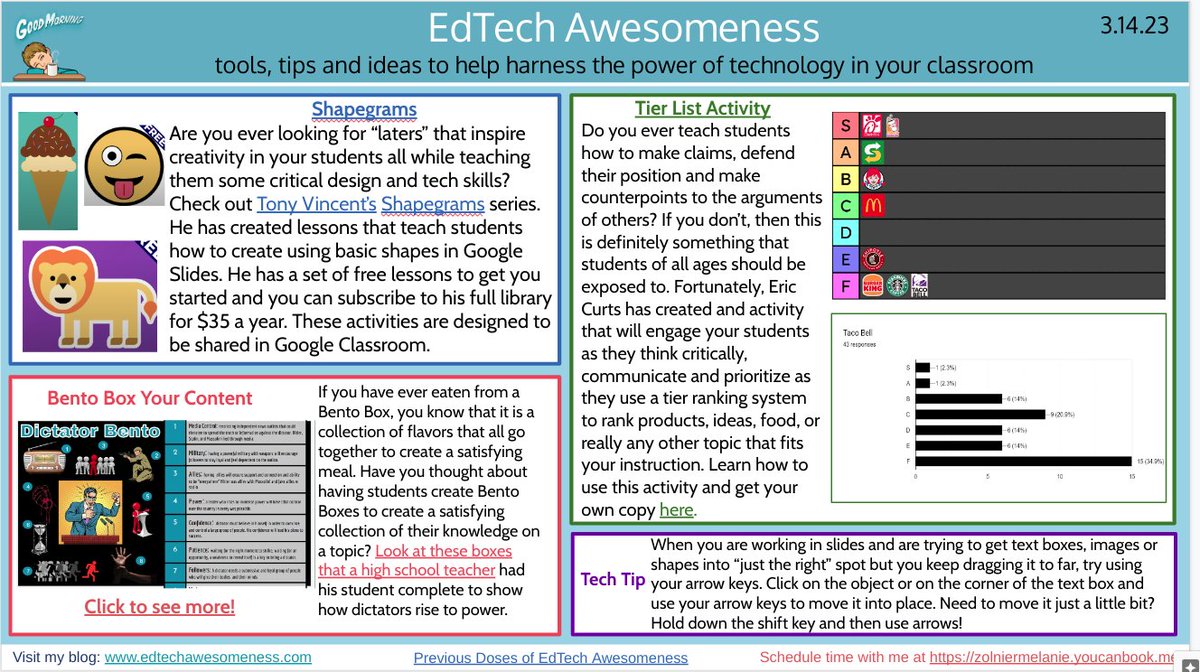 This week's dose of edtech awesomeness has some great stuff from @tonyvincent, @ericcurts & @2teach4justice. Bento Boxes, Tier rating activities and Shapegrams round out the list of awesomeness this week. bit.ly/DETA22 #edtech