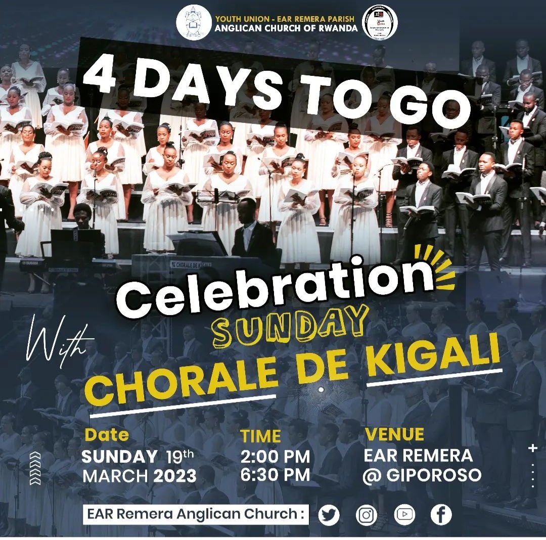 4 DAYS TO GO with CHORALE DE KIGALI. This Sunday 19/03/2023 @ 14:00-18:30pm. Only 4 DAYS to experience the most Classical worship and praise moments. DON'T MISS @ear_remera GIPOROSO, invite friends, colleagues, and family. 

@ChoraledeKigali