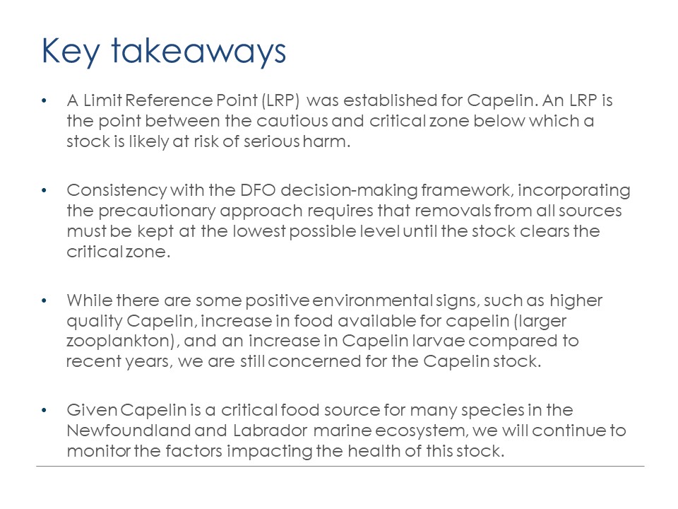 DFO_NL's tweet photo. Today, #DFOScience delivered a technical briefing to stakeholders and media on the findings presented in this year’s Capelin stock assessment. Here are the key takeaways: https://t.co/mDxtH06zXa