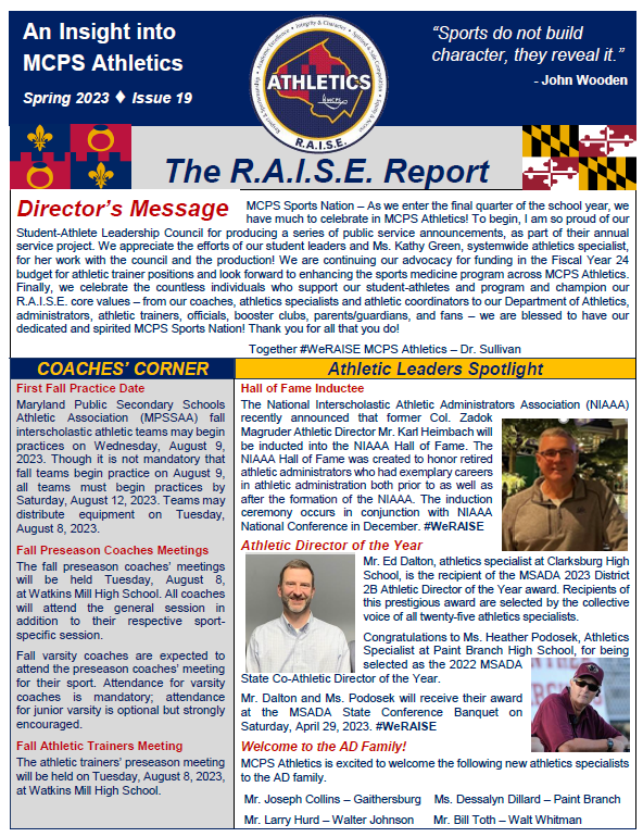 MCPSAthletics's tweet photo. Hot Off the Press 🔥🔥🔥 Spring edition of the R.A.I.S.E. Report -- Enjoy! #WeRAISE @mcpsad @mcps https://t.co/Z7HKCOwmb1