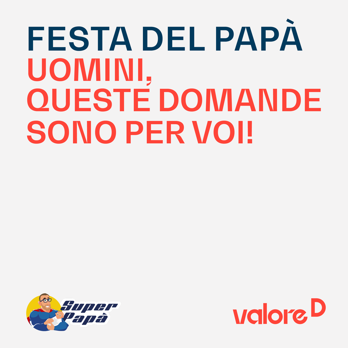 Per la #Festadelpapà vogliamo raccogliere il punto di vista maschile su paternità e ruoli di genere.
Per partecipare al sondaggio, disponibile durante la giornata di oggi 15 marzo, basta rispondere alle 3 domande nelle storie del profilo Instargam
📱instagram.com/stories/valore…
