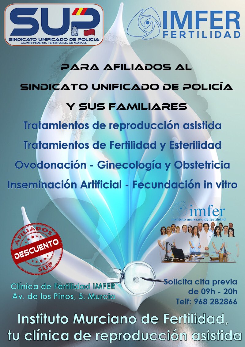 🔝#SupLíderEnServicios firma un acuerdo de colaboración con <a href="/imferFertilidad/">IMFER</a> ofreciendo descuentos exclusivos para afiliados a <a href="/Sup_Policia/">SUP</a> y familiares hasta 2º grado. 
😉 Afíliate al SUP llamando al ☎️ 968 884 423  o en el siguiente enlace⤵️
altas.sup.es