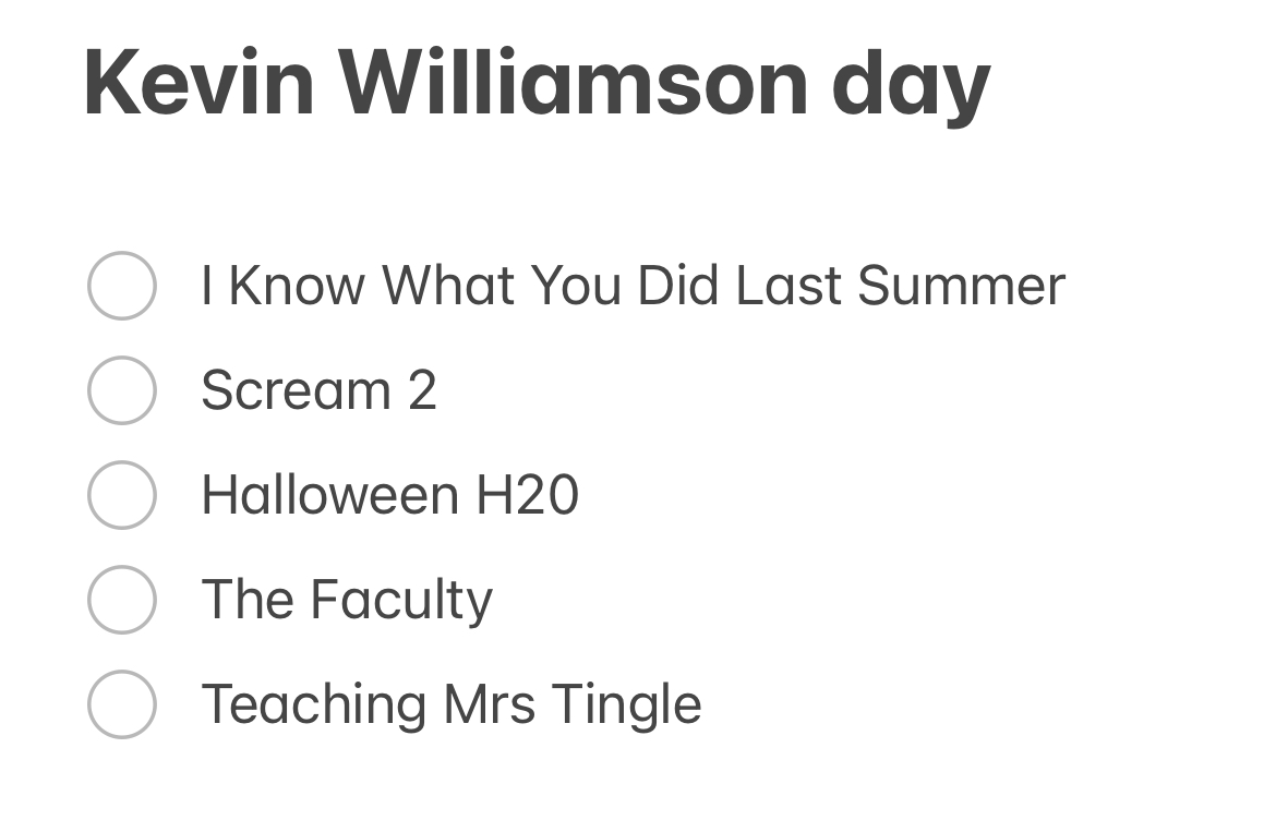 I’ve decided to dedicate an entire day of annual leave to Kevin Williamson. My ‘Williamson-a-thon” shall take place tomorrow and may end with a Dawson’s Creek chaser. I do nice things for myself. ☺️