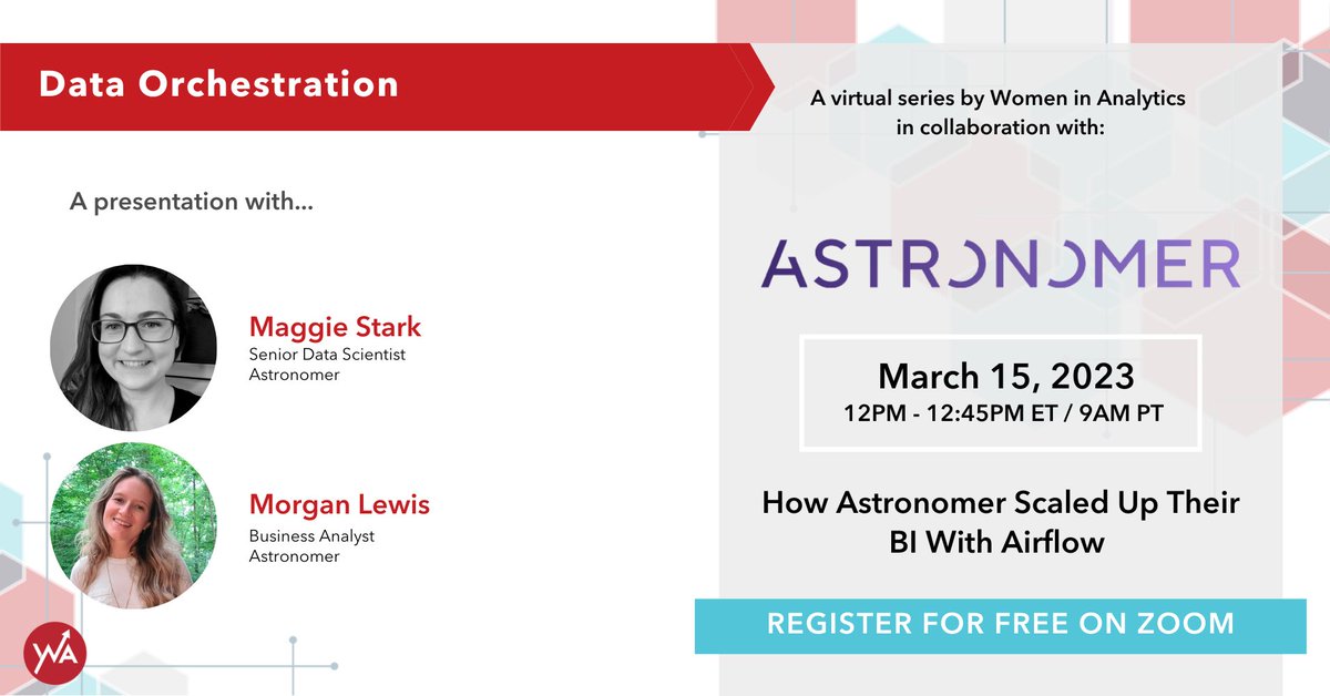 We're live at 12 Eastern!  Don't miss out on the final episode of this 🆓 webinar series, sponsored by @astronomerio! 

bit.ly/3gwyRpy

#datawebinar #dataorchestration #womeninanalytics #datapipeline #datagovernance #wiacommunity #womeninanalytics #astronomer