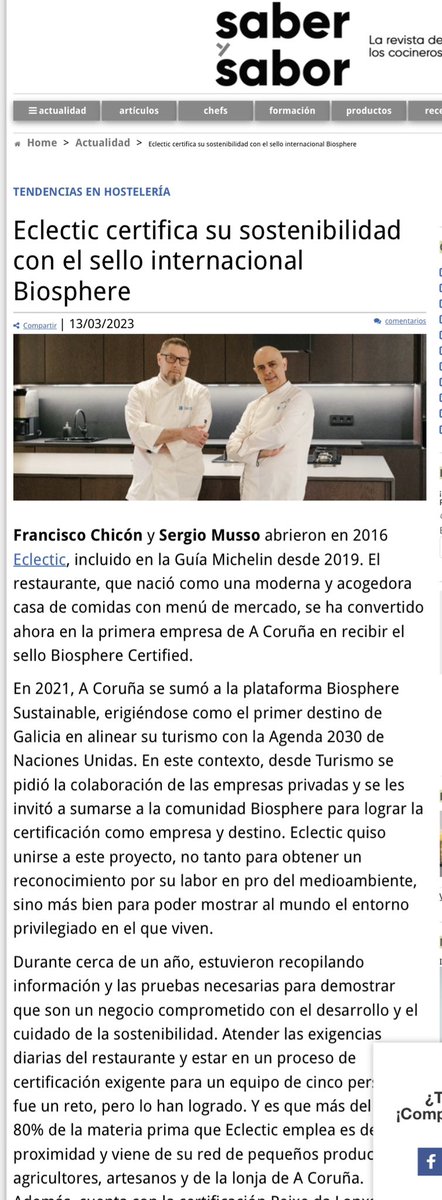 En <a href="/saber_y_sabor/">saber y sabor</a> se hacen eco nuestra certificación con @Biosphere_RTI y del compromiso de nuestra ciudad como destino sostenible. Agradecemos a todos los que a diario nos ayudáis a lograrlo  <a href="/CorunaTurismo/">Turismo de A Coruña - Visit Coruna</a>