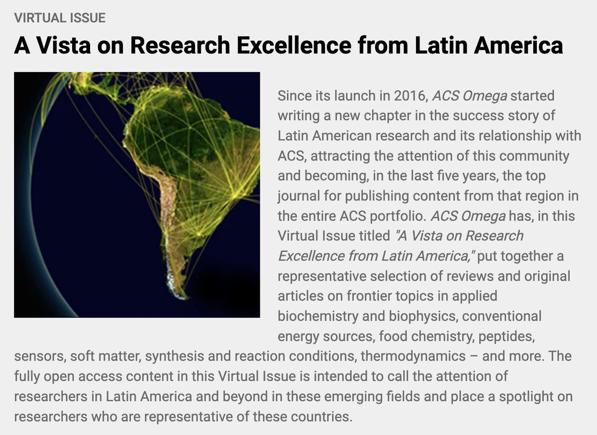 📣 <a href="/ACS_Omega/">ACS_Omega</a> is now the top journal for publishing content from Latin America in the entire ACS portfolio. Check out this virtual issue and download free #openaccess content here: go.acs.org/4bF