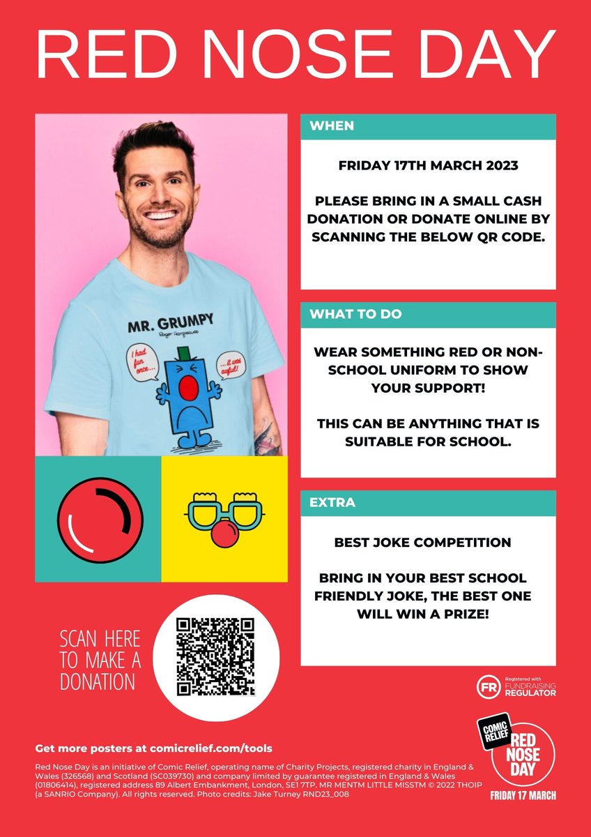 Monks Coppenhall (@monkscop) on Twitter photo 2023-03-15 14:52:49 This Friday, we will be celebrating #RedNoseDay ๐ด and raising money for ComicRelief! Children are invited to: ๐งโโ๏ธ Wear something red or non uniform ๐คฃBring your best 'school friendly' Joke for a chance to win a prize๐ Donations made via cash or QR code! This Friday, we will be celebrating #RedNoseDay ๐ด and raising money for ComicRelief! Children are invited to: ๐งโโ๏ธ Wear something red or non uniform ๐คฃBring your best 'school friendly' Joke for a chance to win a prize๐ Donations made via cash or QR code!