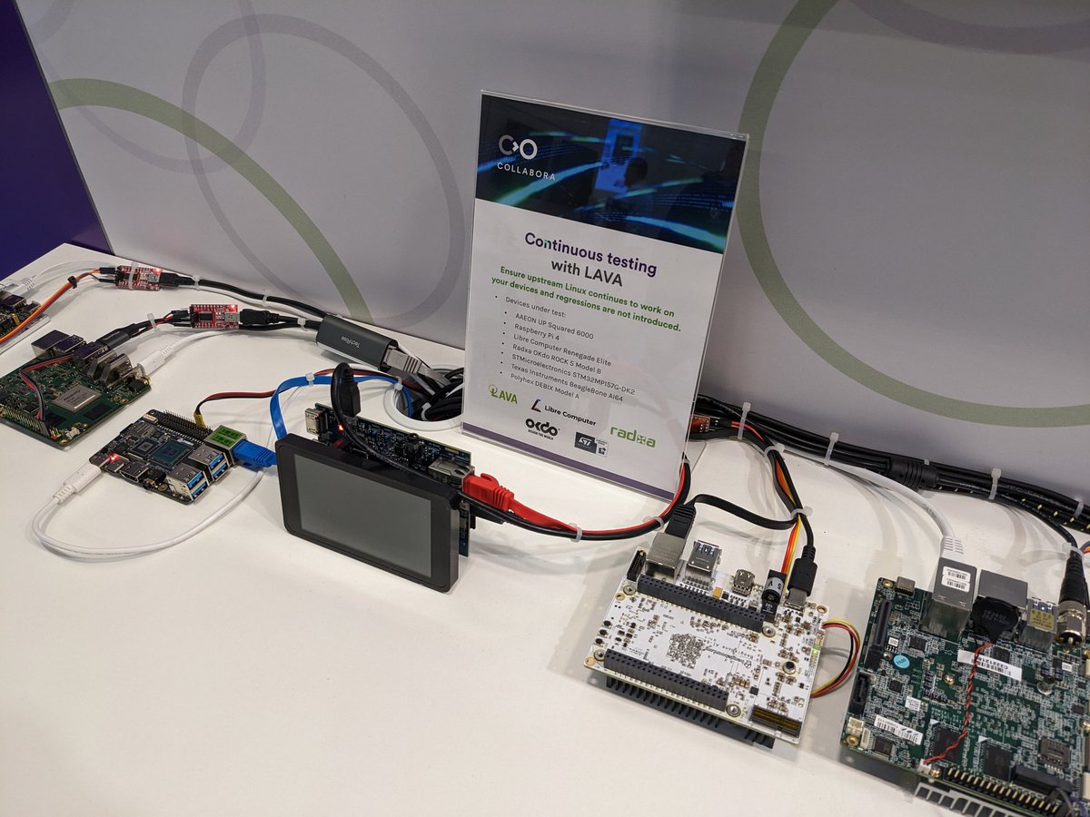 Collabora's tweet image. #ew23: Continuous testing with LAVA, with multiple boards under test including the STMicro STM32MP157, AAEON Up Squared 6000, Radxa OKdo ROCK 5 Model B, Libre Computer Renegade Elite, Texas Instruments BeagleBone AI64 & more. Booth 4-404! #embeddedworld2023 #embedded #linux