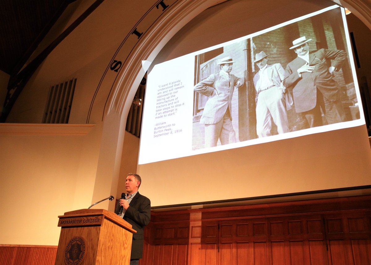 MonmouthCollege's tweet photo. Thank you to @JohnDeere archivist and historian @neil_dahlstrom β98 for returning to campus to discuss his critically-acclaimed book "Tractor Wars." A great event organized by the College's classics, history and business departments! ππ½ #ItsGreatToBeAScot #ScotsAlumni https://t.co/CsgqPnpu7W