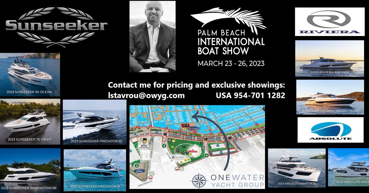 SunseekerSales's tweet photo. Hope to see you at this year Palm Beach Boat Show! #onewater_yachtgroup #sunseekerdistributorusa #boatshow #florida https://t.co/23q0zxK4fF