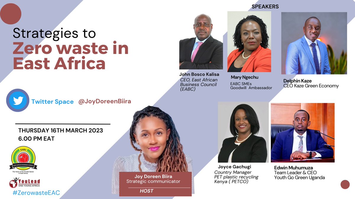 ✨Join the discussions tomorrow! 

Date: Thursday 16th March 2023
Time: 6:00 EAT 

<a href="/EABCjumuiya/">East African Business Council</a> in partnership with Youlead invites you to join us for Twitter space discussions on Strategies to Zero Waste in East Africa.  

#ZeroWasteEAC <a href="/jumuiya/">East African Community</a> <a href="/EA_Bunge/">EALA</a>