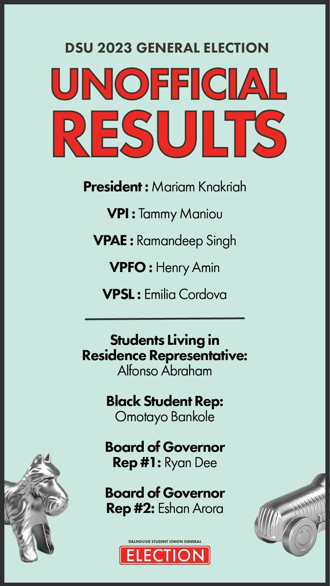 DSU General Election Unofficial Results are in! Visit dsu.ca/elections to view the full results.