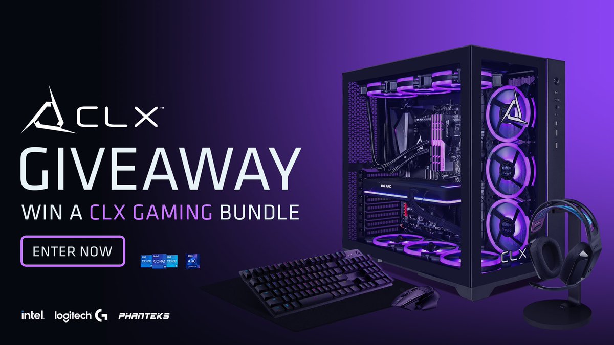 CLXGaming's tweet photo. 🔵🟣🚨PC GIVEAWAY🚨🟣🔵

We teamed up with @IntelGaming @LogitechG and @PhanteksUSA this month to give you a chance to win a CLX Set PC and @LogitechG bundle!

🟣LIKE 
🔵RETWEET 
⚫️TAG A FRIEND 

Enter to win:
https://t.co/lFyXg8x6qc 

#CLXGaming #evokethegods #CLXSet https://t.co/9cfVQ3CkTN