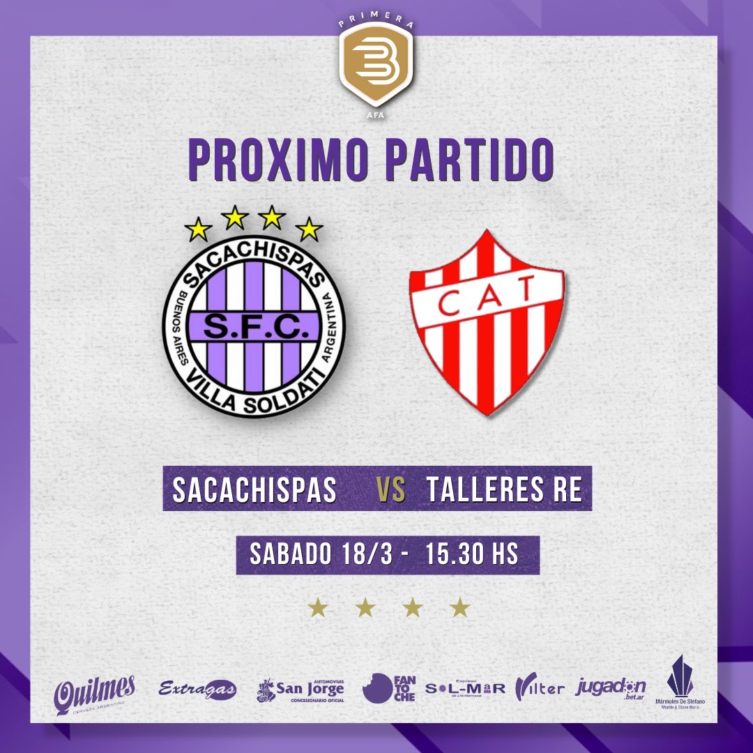 SacachispasOK's tweet photo. 🔜 #Fecha6
 
🆚 @ClubTalleresOk 
📅 Sábado 18 de marzo
🕢 15.30 HS
🏟️ Estadio Beto Larrosa

#VamosLila💜 https://t.co/GY2ioYETwa