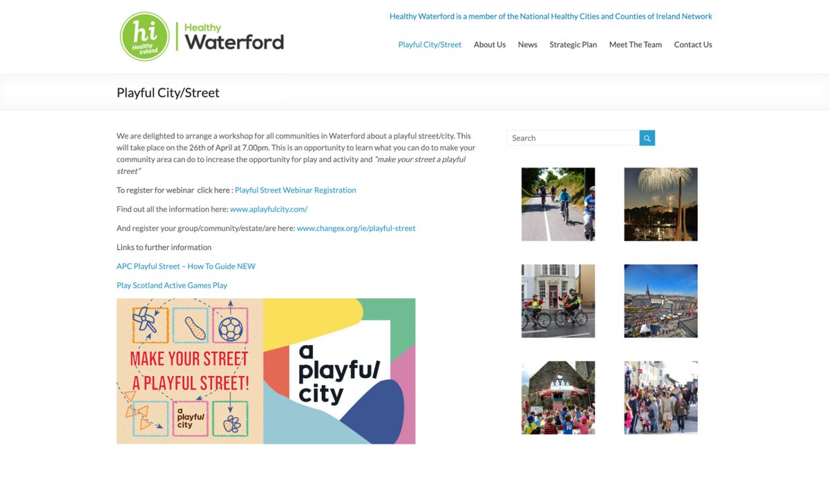 Looking forward to this event with @HealthWaterford, 26th of April at 7.00pm😊

An opportunity to learn what you can do to increase opportunities for play & activity in your local area

& to “make your street a playful street”🙌🤸🛴👩🏽‍🦽🚲⚽🪁

healthywaterford.ie/playfulstreet/
