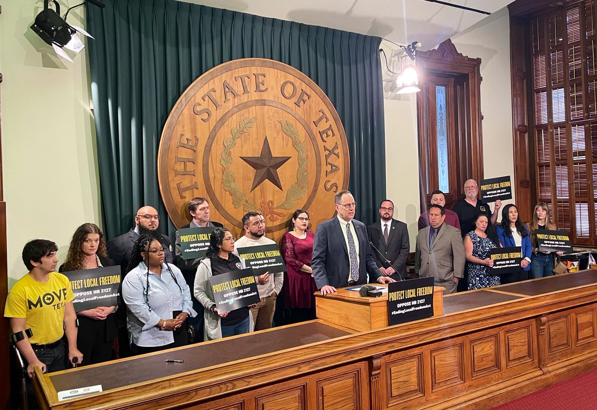 TexasAFLCIO's tweet photo. 🚨 BREAKING: We came together with local elected officials, faith leaders and community groups to protect our communities and OPPOSE HB 2127 🚨 

#txlege https://t.co/n6jGrnmw38