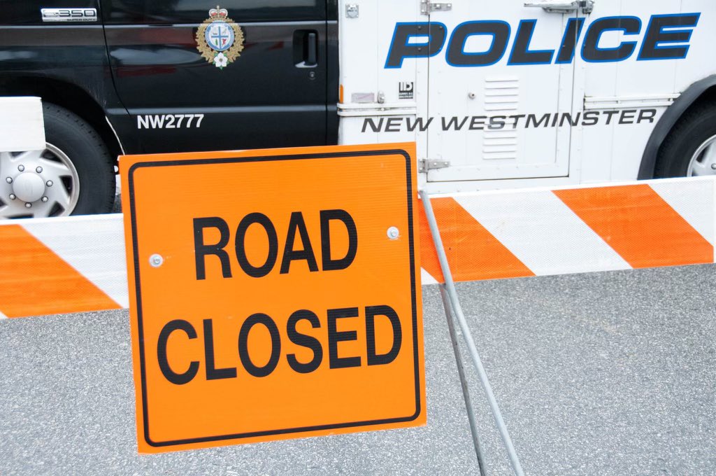 NewWestPD's tweet photo. Road closure update: E 8th Ave remains closed between E Columbia &amp; Richmond St. Please plan alternate routes as we investigate a motor vehicle incident. #newwest https://t.co/I1XmeIBlv1