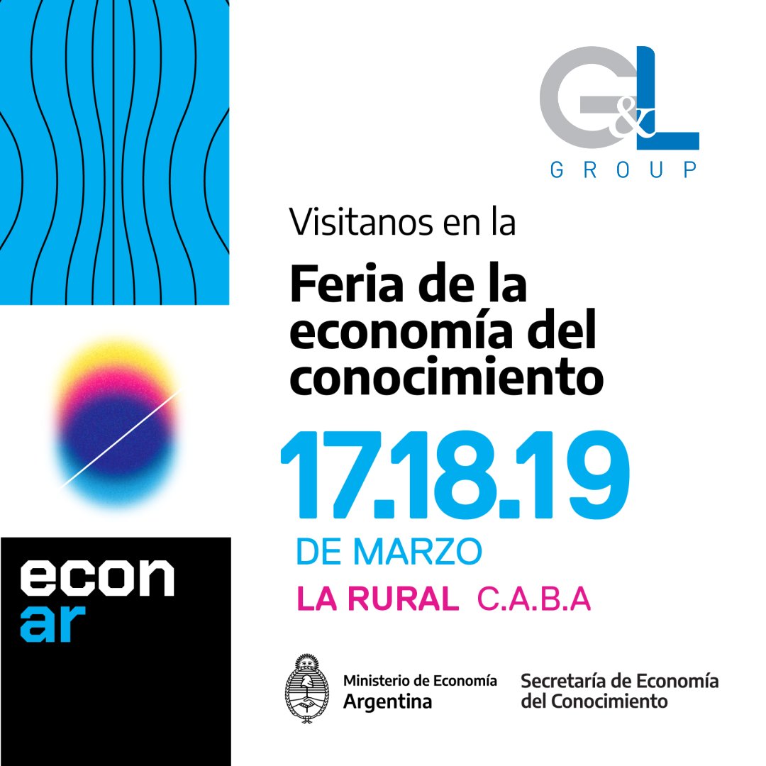 G&amp;L Group estará presente en #EconAr
Primera feria de oportunidades para el talento joven y las empresas IT.
Los esperamos desde el Viernes 17 al Domingo 19 de Marzo de 10 a 20hs. En la Rural - Pabellón Azul
#gylgroup #talento #innovacion #futuro #FeriaEconAr #software