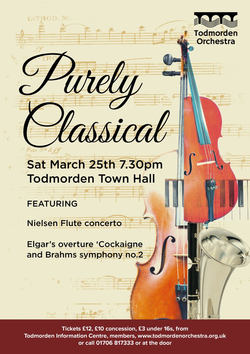 Todmorden Orchestra (@todorchestra) on Twitter photo 🗓️Join us on 25 Mar, 7:30 at
<a href="/TodTownHall/">Todmorden Town Hall</a> for our Purely Classical concert
🎶Music by #Brahms #Elgar #Nielsen
✨Soloist #flautist Frederico Paixão
🎟️<a href="/TodTIC/">Todmorden TIC</a> and online £12 / £10 / £3
wegottickets.com/event/573748
Please RT 🗓️Join us on 25 Mar, 7:30 at
<a href="/TodTownHall/">Todmorden Town Hall</a> for our Purely Classical concert
🎶Music by #Brahms #Elgar #Nielsen
✨Soloist #flautist Frederico Paixão
🎟️<a href="/TodTIC/">Todmorden TIC</a> and online £12 / £10 / £3
wegottickets.com/event/573748
Please RT