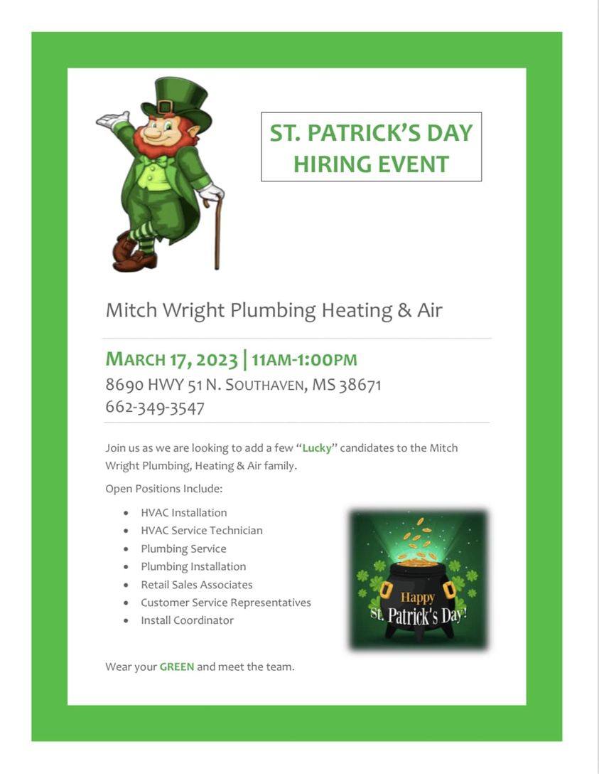 kbone76's tweet photo. Hiring event for @MitchWrightAir in Southaven, MS this Friday, March 17.  #hvac #plumbing #installers #technicians #sales #memphisjobs #southavenjobs https://t.co/mWBiodNmjk