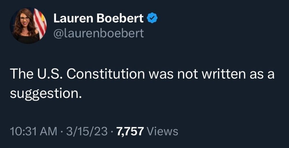 Even if you found a feral child in the woods behind a Colorado Dollar General, and then educated it on absolutely nothing but Dukes of Hazzard reruns and Mountain Dew nutrition facts it would still have a better understanding of the U.S. Constitution than Lauren fucking Boebert.