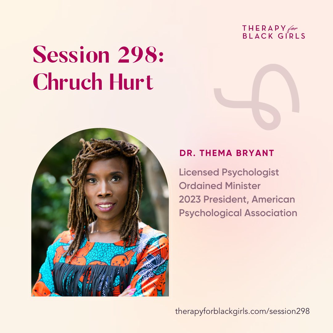 Happy Wednesday y’all! <a href="/drthema/">Dr. Thema</a> joins us this week to discuss the definition of church hurt, how to recognize it, and offers steps toward healing if you’ve experienced it. therapyforblackgirls.com/session298 #TBGInSession #PodsInColor