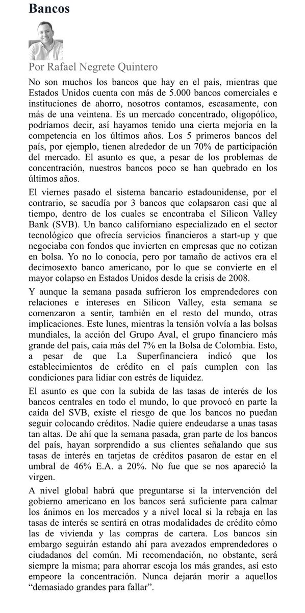 "Concentración bancaria: ¿un riesgo latente en tiempos de crisis? Mientras en Estados Unidos colapsan bancos, en Colombia los grandes tienen el control del mercado. ¿Qué implicaciones tendrá esto en las tasas de interés y en la economía del país? #bancos 
elmeridiano.co/bancos/