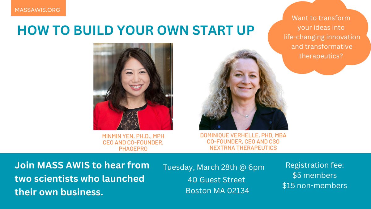 MASSAWIS's tweet photo. Want to start your own company? Dreamt of transforming your ideas into life-changing therapeutics? Join us, on March 28th at 6pm, to hear from Minmin Yen and Dominique Verhelle, who built their own business. #WomenEntrepreneurs #phagepro #NextRNA https://t.co/YAo8dN5HHI https://t.co/1gswefEoXf