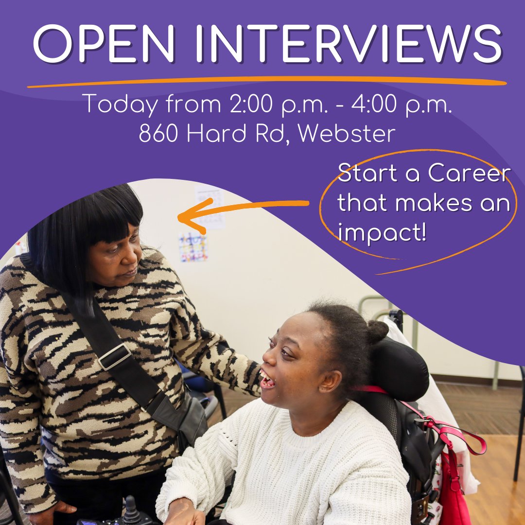 Open interviews are happening today! Stop by between 2:00 and 4:00 to learn about how you can start a career that makes a difference. All experience levels welcome!