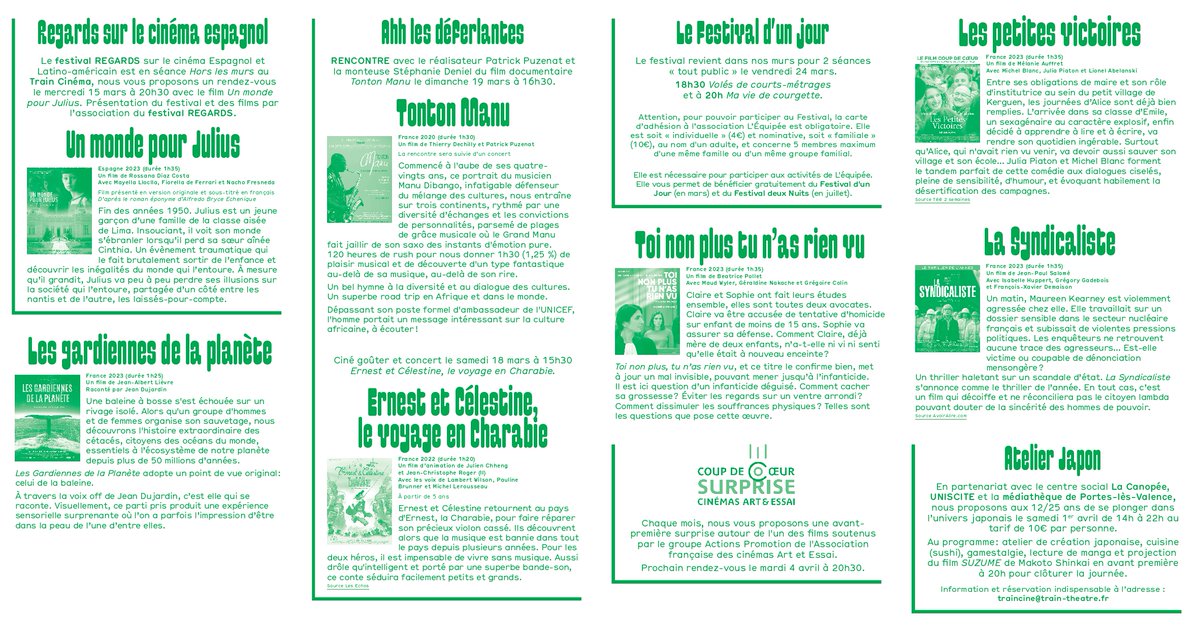 🎬ACTU CINÉ 🎬  
Un mois de festival ! 
🎥Ciné-apéro-concert au #Festival Aah Les Déferlantes
🎥Du #cinéma péruvien avec le festival Regards sur le cinéma espagnol et latino-américain 
🎥Les traditionnelles et attendues séances de cinéma d’animation avec le Festival d'un Jour
...