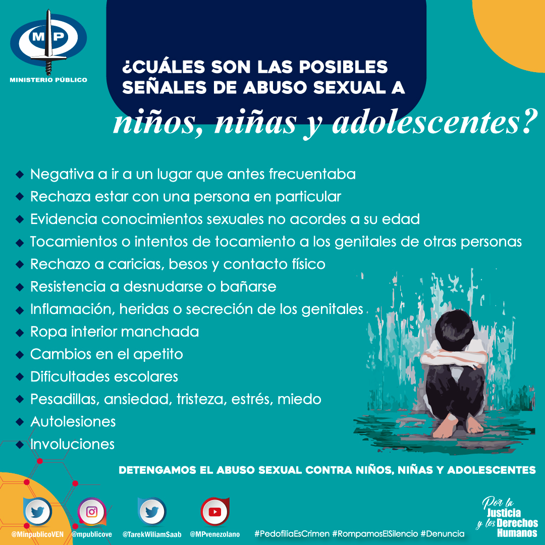 MinpublicoVEN's tweet photo. El abuso sexual a niños, niñas y adolescentes deja evidencias, debemos estar atentos. #PedofiliaEsCrimen #RompamosElSilencio #Denuncia https://t.co/r3w8HNLUIb