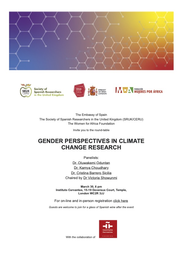 ComunidadCeru's tweet photo. Roundtable on Gender Perspectives in Climate Change Research on 30th March at 6pm (online and @CervantesLondon). We will have Dr Oduntan, Dr Barrero-Sicilia, Dr Choudhary as panellists and @ShowunmiV as the Chair

@MujeresxAfrica @SpainCultureUK 

Register https://t.co/yMkH8dxQbx https://t.co/KWOThW5VmF