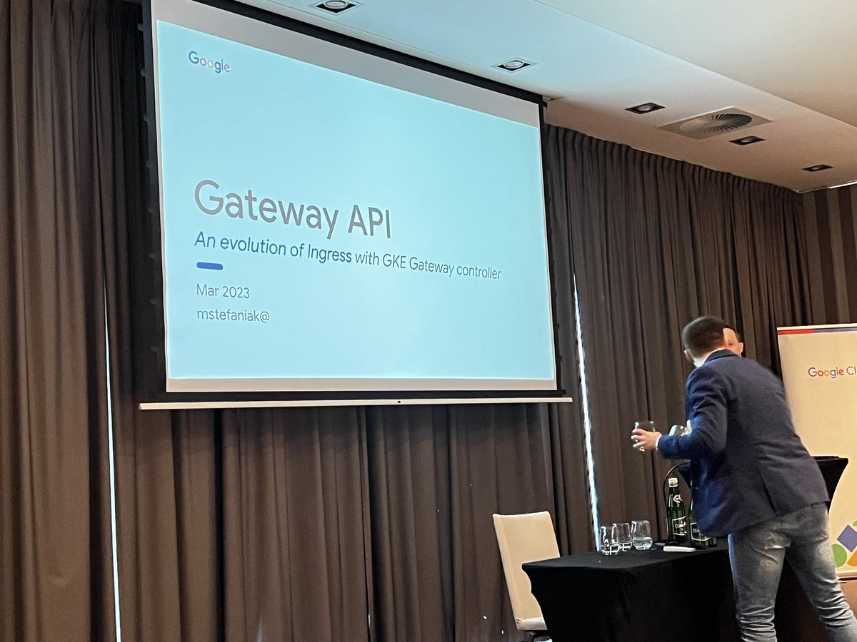 boredabdel's tweet photo. Up next on stage at #cloudfestBydgoszcz Mikołaj Stefaniak will talk about the #k8s Gateway API and the GKE Gateway controller

#cloudfestpoland #gdgBydgoszcz https://t.co/Qj2yZR6FLu