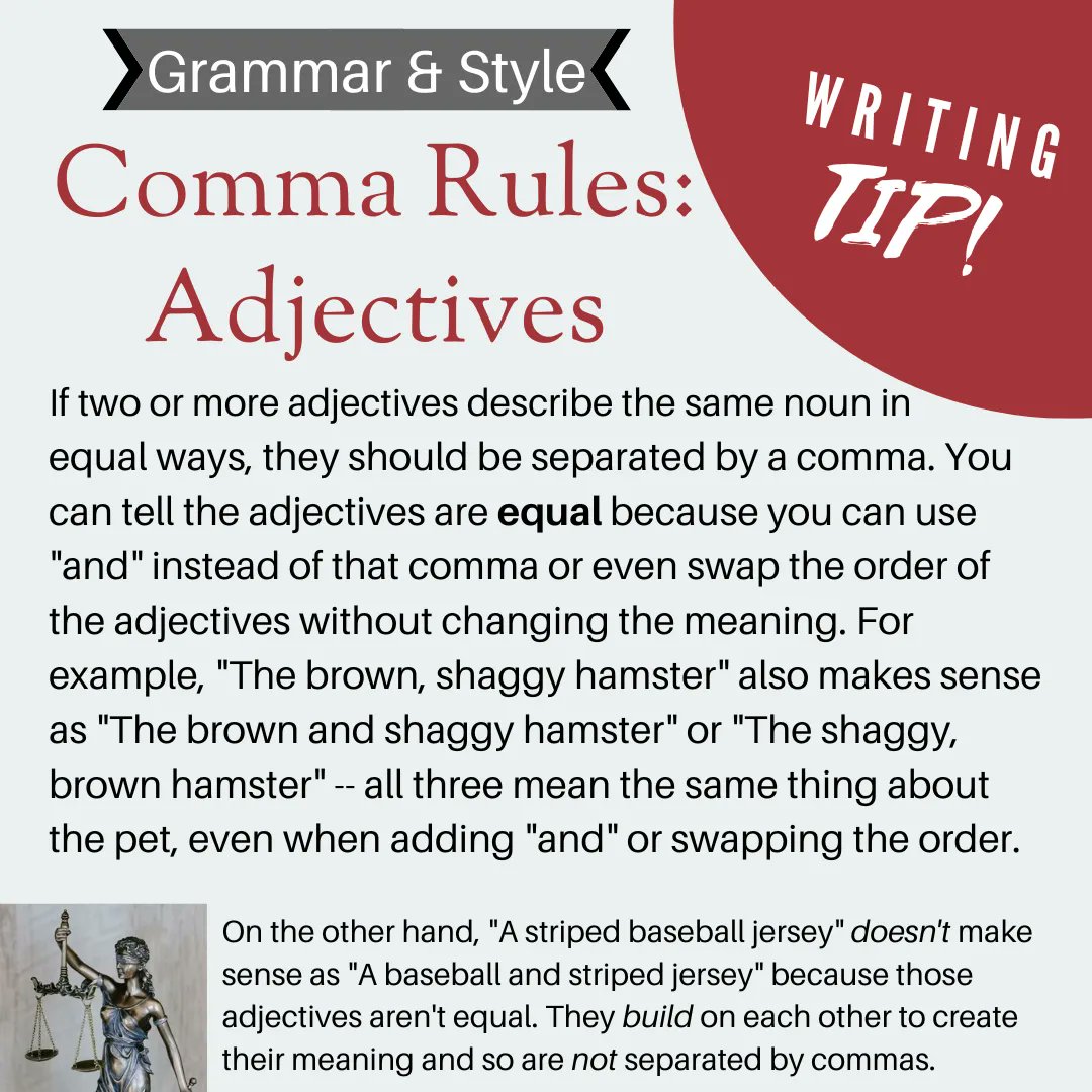wjwritingcenter's tweet image. This week&apos;s writing tip is our LAST comma rule tip -- that&apos;s it, there&apos;re no more comma rules! Today we&apos;re talking about an addendum to the &quot;list&quot; rule: separating equal adjectives! Check out this week&apos;s tip to learn more! #weeklytip #writingtips