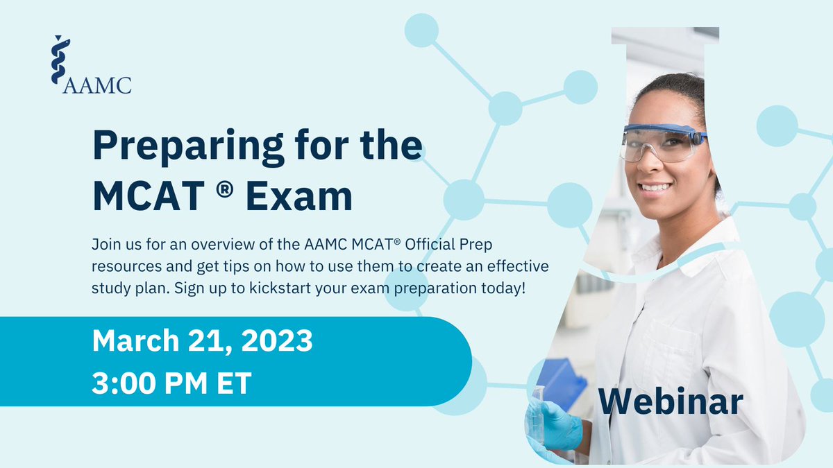 AAMC_MCAT's tweet photo. Join us March 21 at 3 p.m. ET for the Preparing for the #MCAT Exam webinar! Our team will share an overview of the AAMC MCAT Official Prep resources and tips on using them to create an effective study plan. Sign up to kickstart your exam preparation today! https://t.co/goFCFAUX7G https://t.co/1bgdmBXkWC